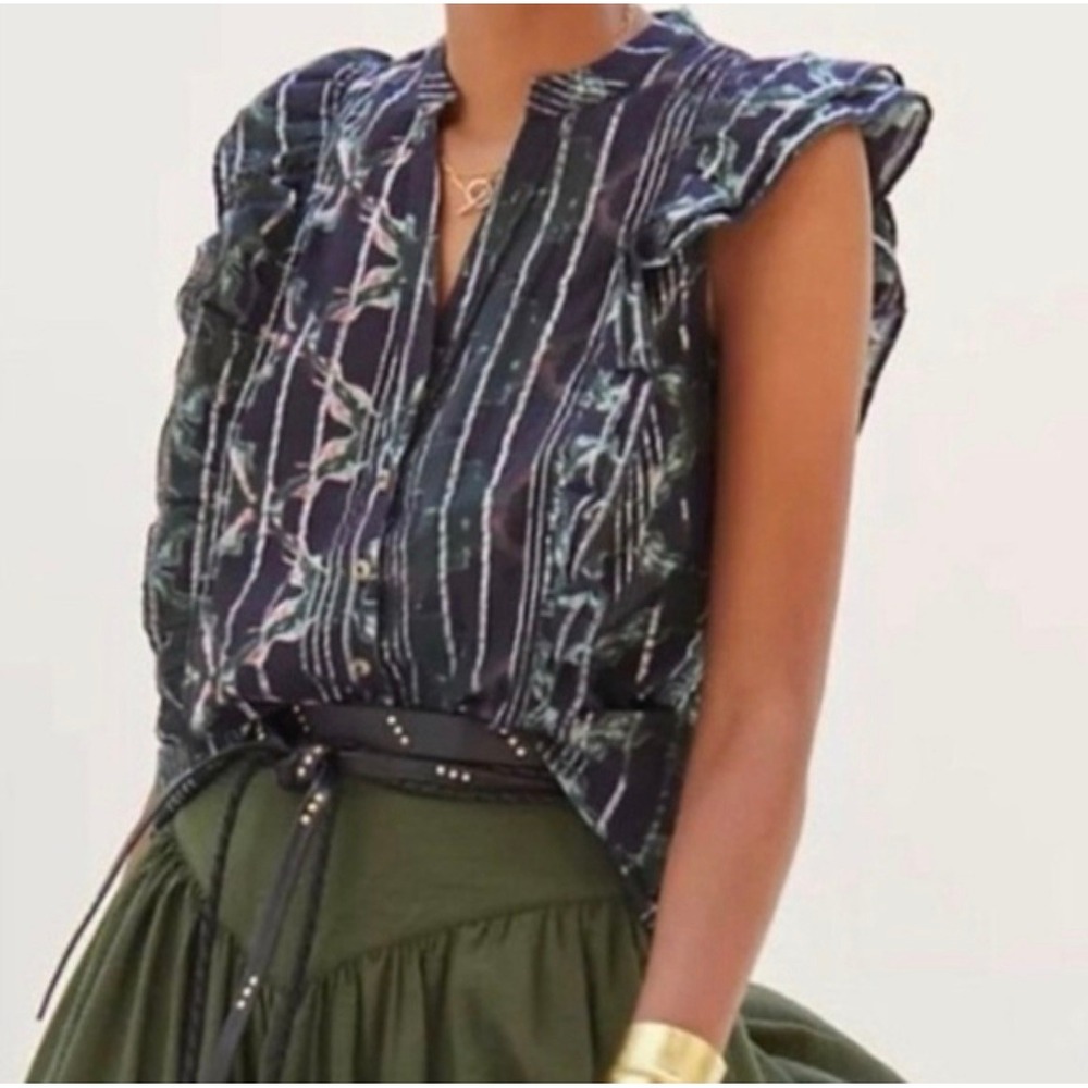 Anthropologie Pilcro Ruffle Sleeve Metallic Stripe Ikat Blouse Navy Green Medium